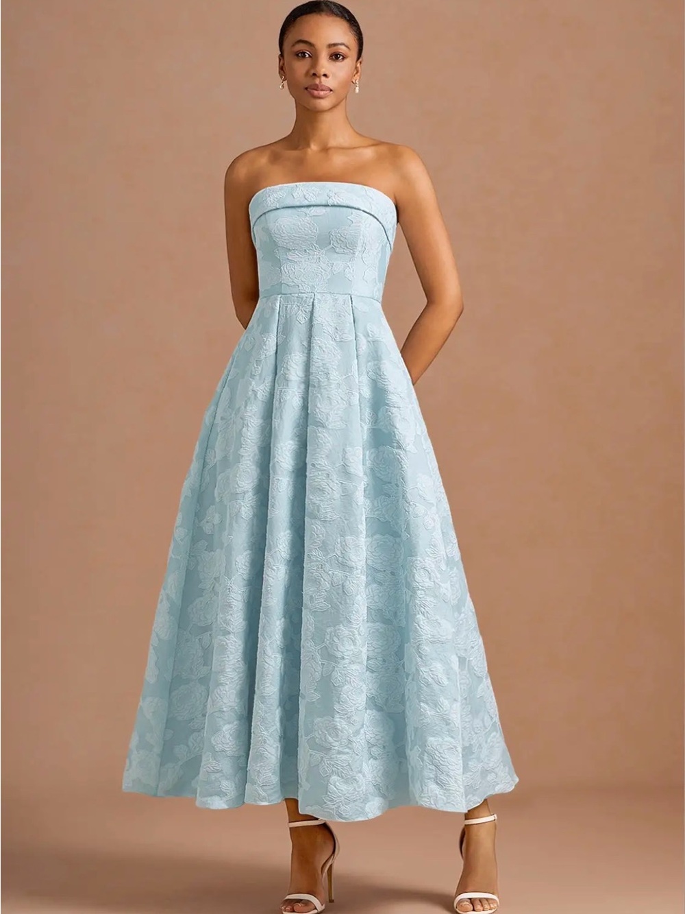 Azazie Strapless Powder Blue Floral Jacquard Midi Dress